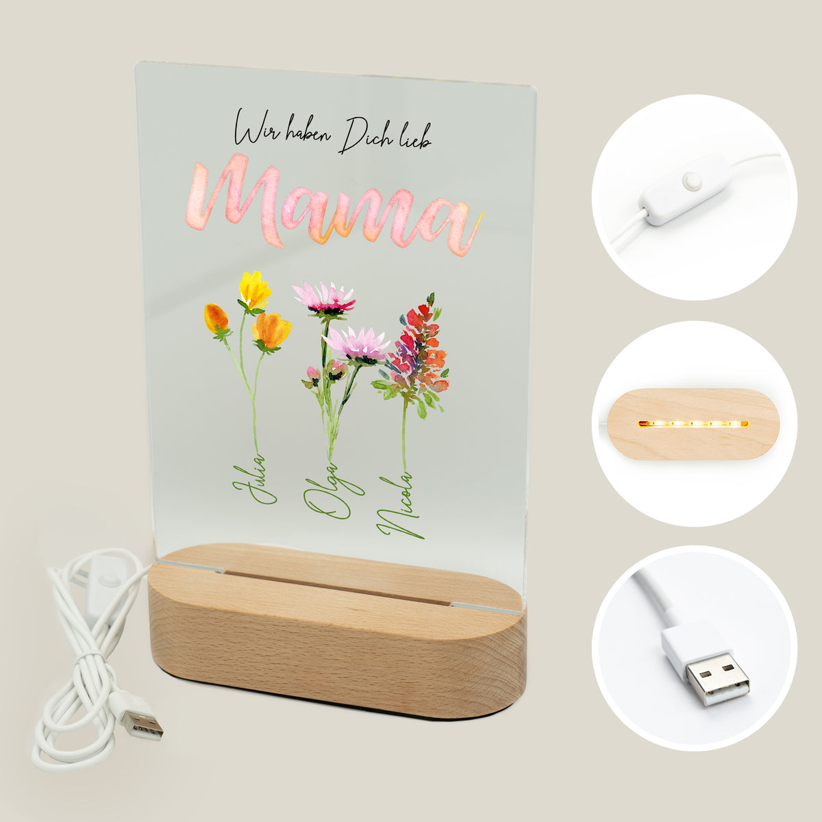 Personalisiertes Acryl-Licht "Blumen für Mama"